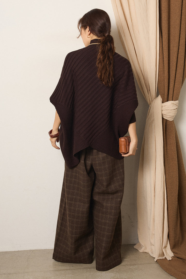[SET]アシメデザインリブポンチョニットトップス+ウールライクチェックタックパンツ(2set)