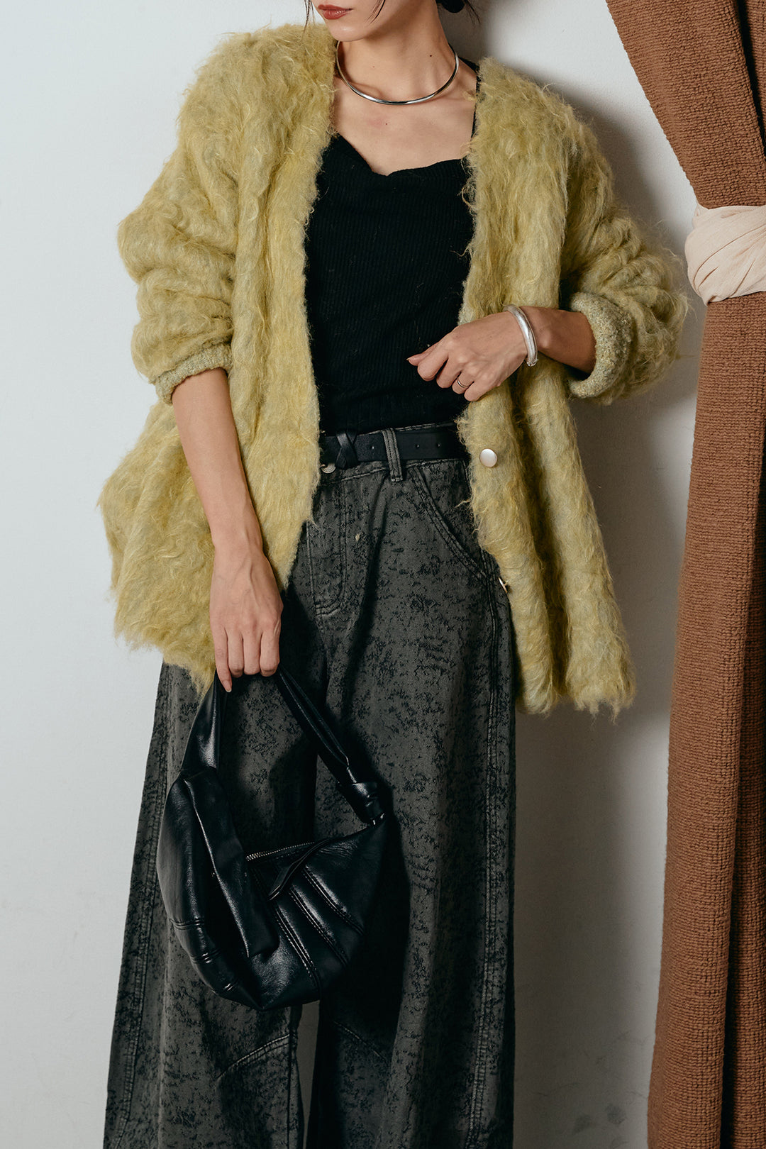 [SET]ウェーブシャギーニットジャケット+ベルト付きニュアンス柄カーブワイドパンツ(2set)