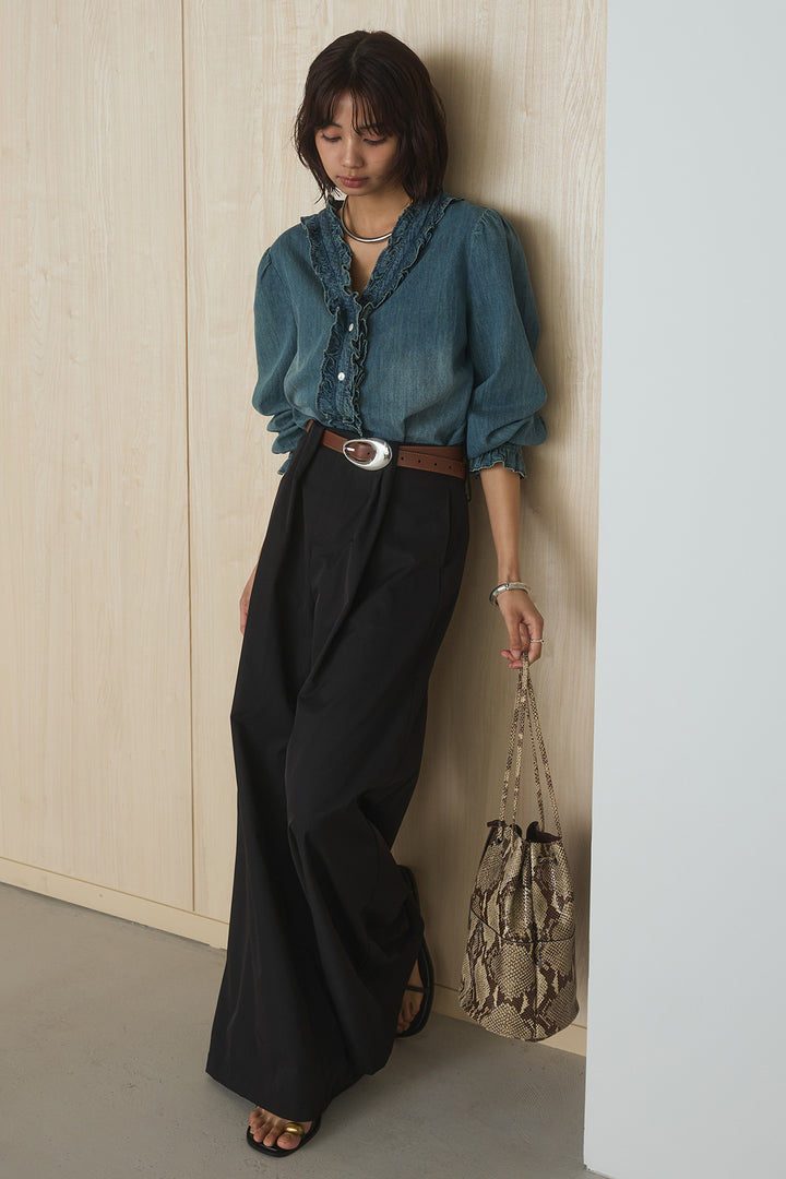 [SET]Vネックデニムフリルトップス+ベルトループデザインハイウエストタックパンツ(2set)