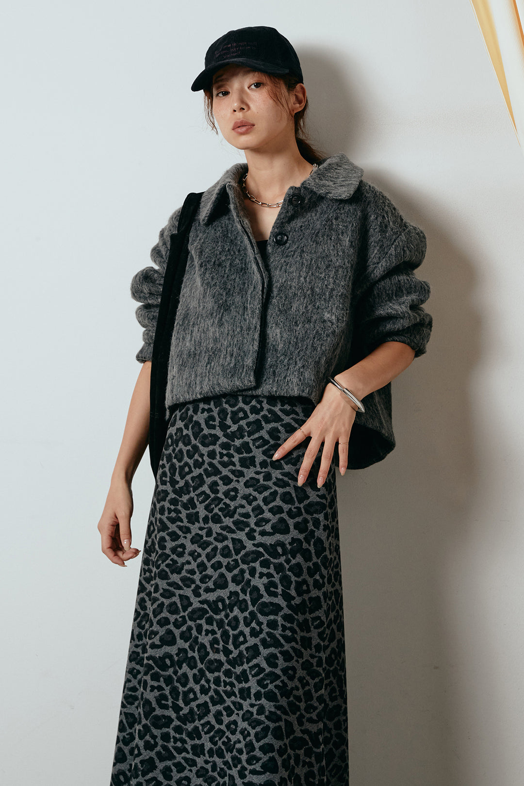 [SET]シャギーショートジャケット+レオパードロングスカート(2set)