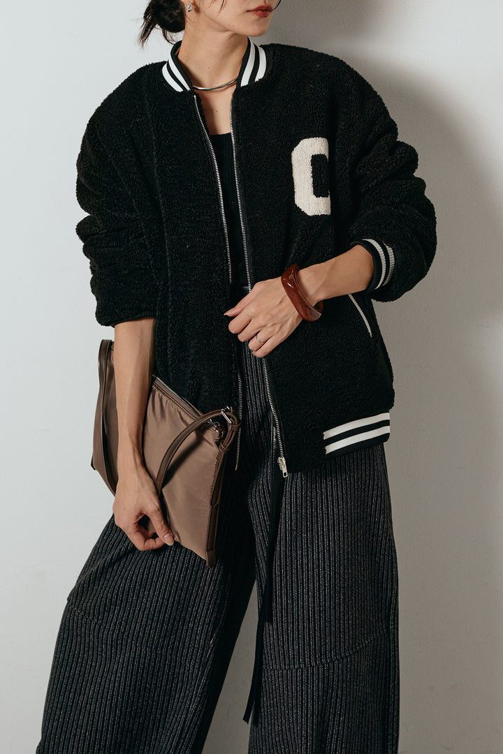 [SET]ロゴスタジャンボアブルゾン+レザーライク配色ストライプパンツ(2set)