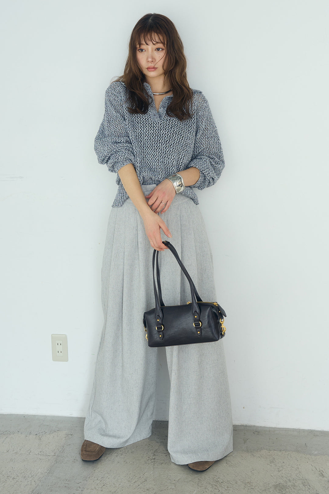 [SET]ミックスメッシュポロニット+麻混タックワイドパンツ(2set)