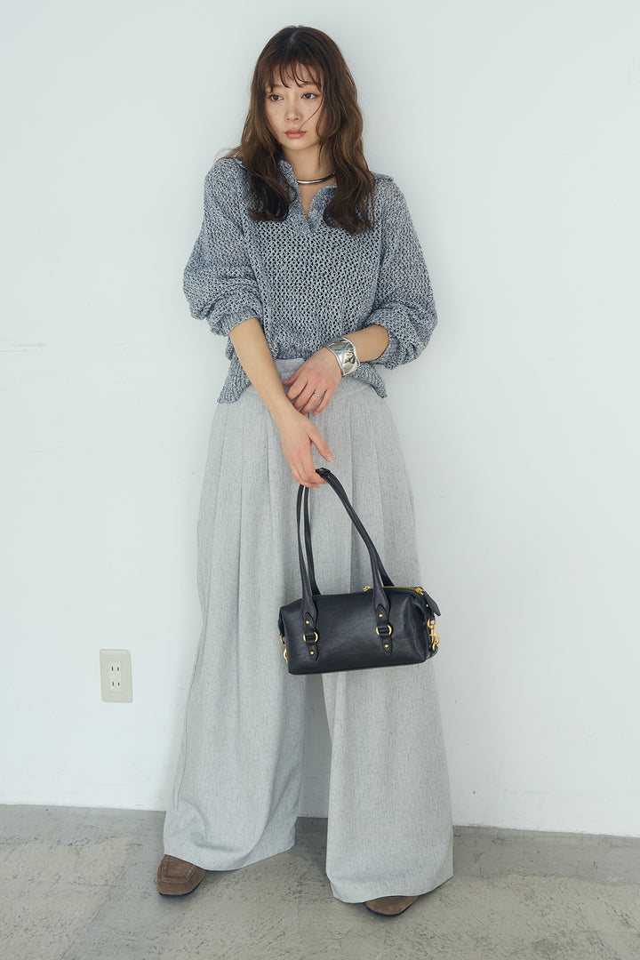 [SET]ミックスメッシュポロニット+麻混タックワイドパンツ(2set)