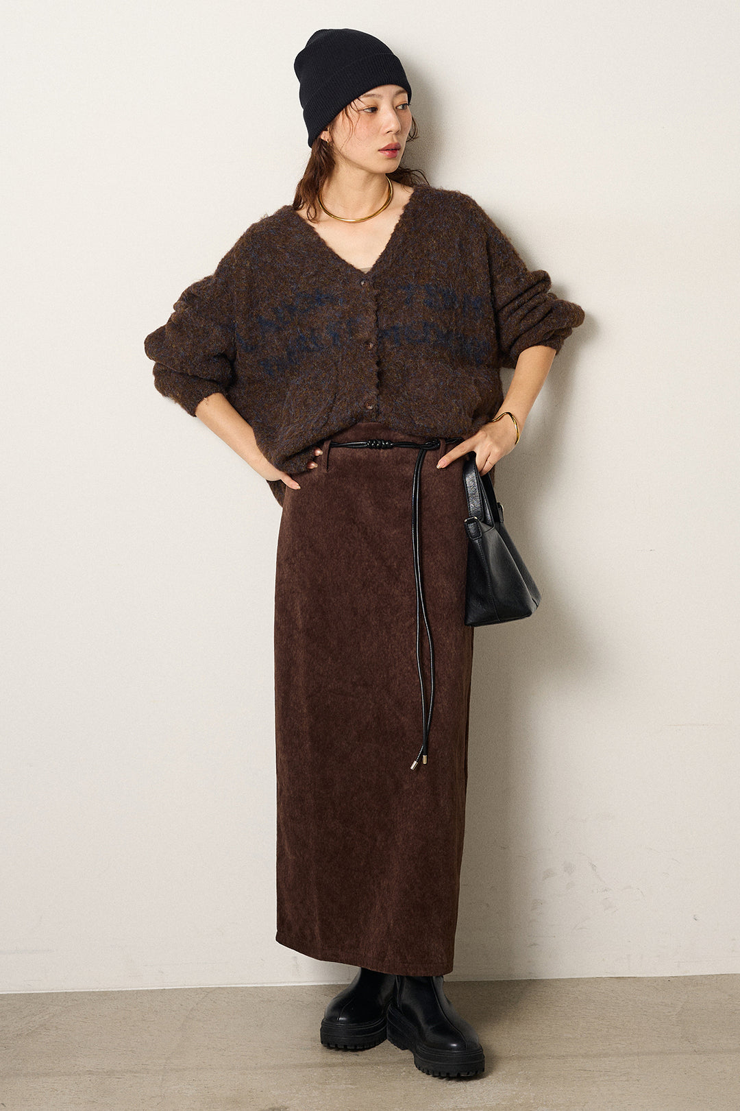 [SET]ウール混透かしロゴニットカーディガン+ロープベルト付きスウェード調スカート(2set)