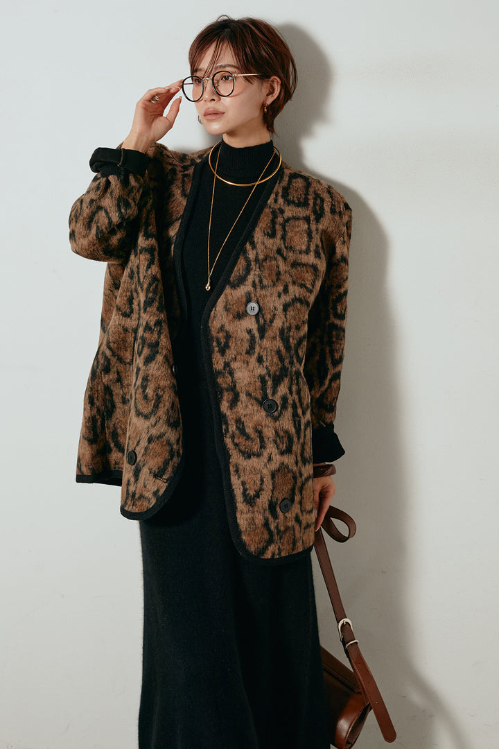 [SET]ノーカラーレオパード柄アウター+ノースリーブニットロングワンピース(2set)