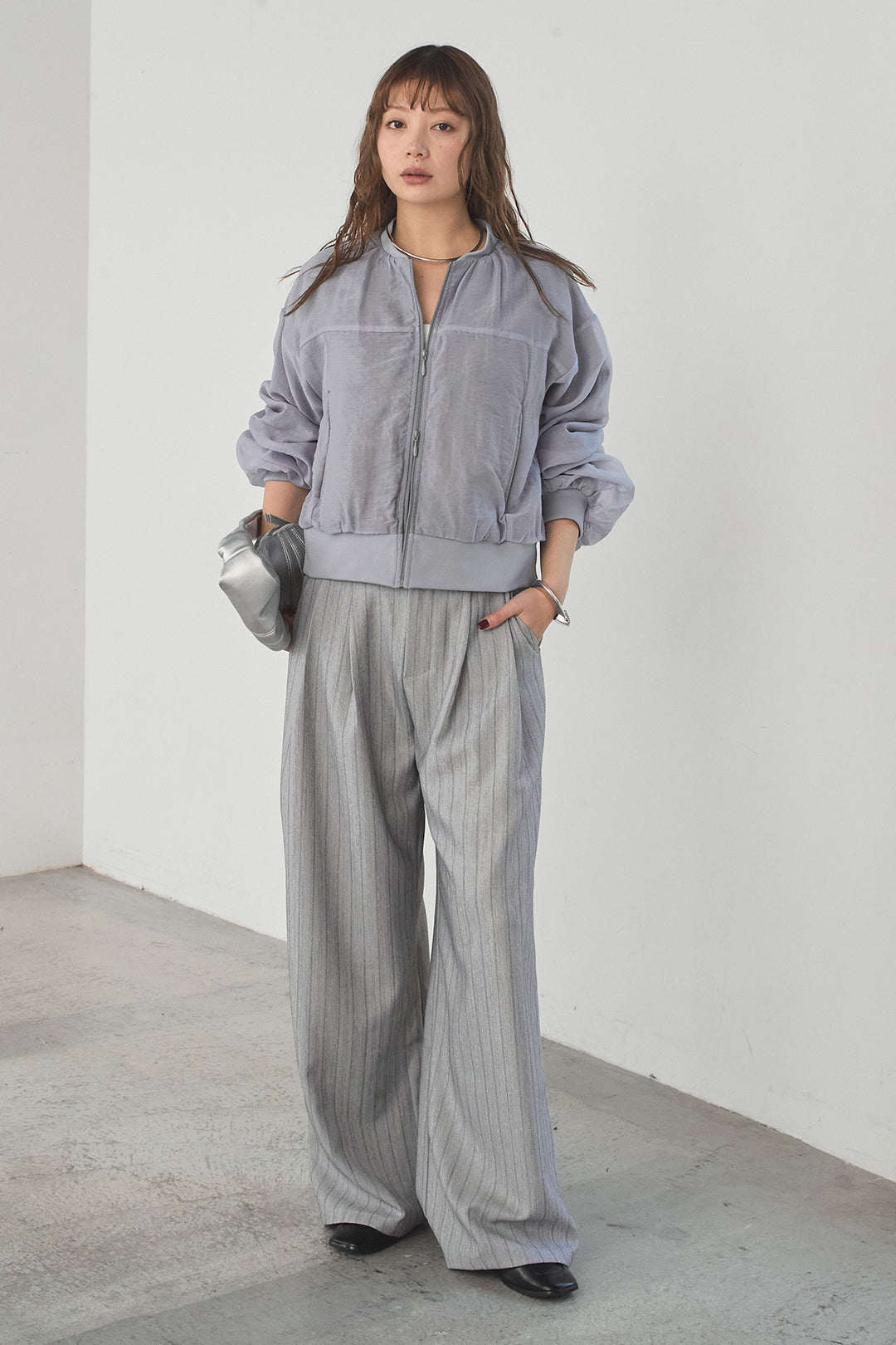 [SET]シアー×ポンチブルゾン+細ベルト付きピンストライプワイドパンツ(2set)