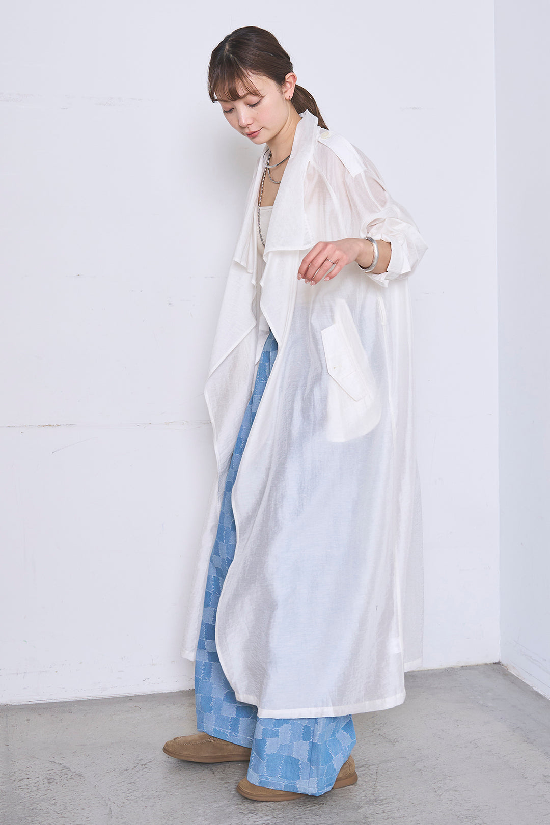 [SET]ロングシアーアウター+パッチワーク風デニムワイドパンツ(2set)