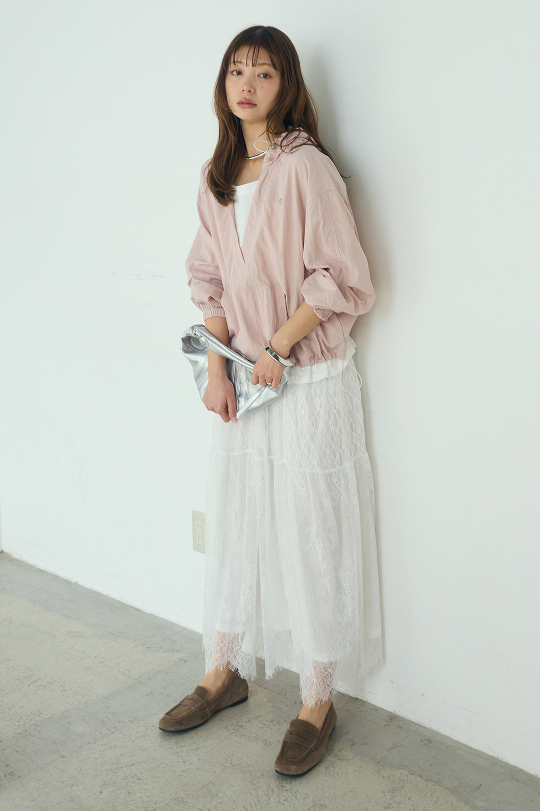 [SET]レイヤードデザインフーディートップス+ひげレース切替ロング丈スカート(2set)