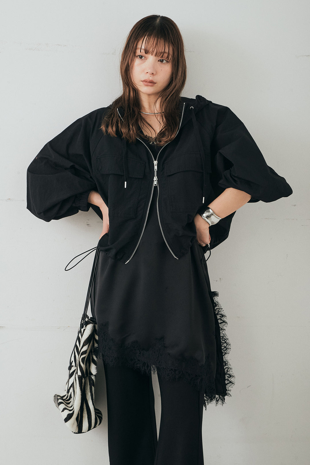 [SET]ナイロンボリュームWジップパーカーブルゾン+細編みベルト付きパンツ(2set)