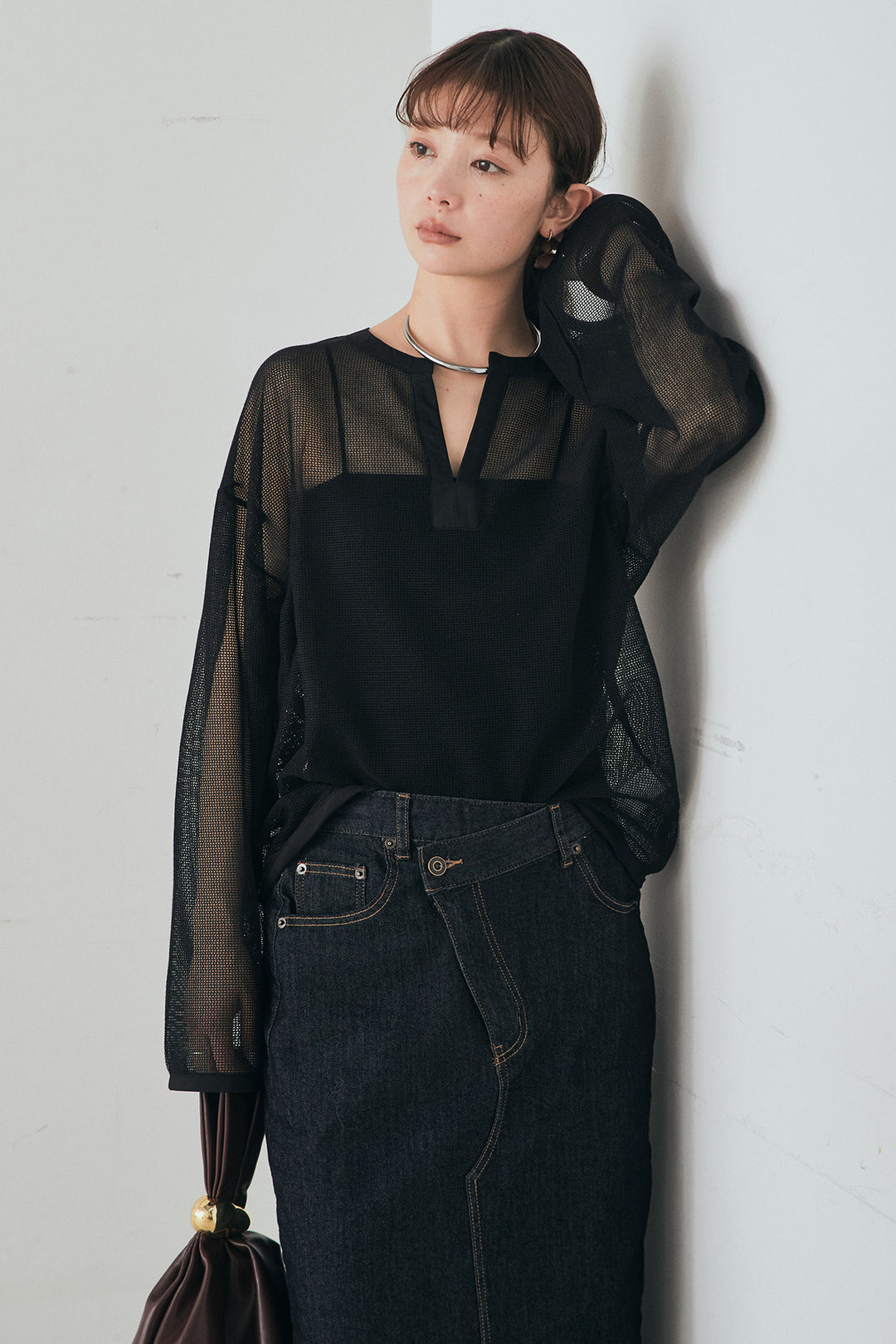 [SET]メッシュカットソースキッパープルオーバー+ウエストクロスデニムタイトスカート(2set)