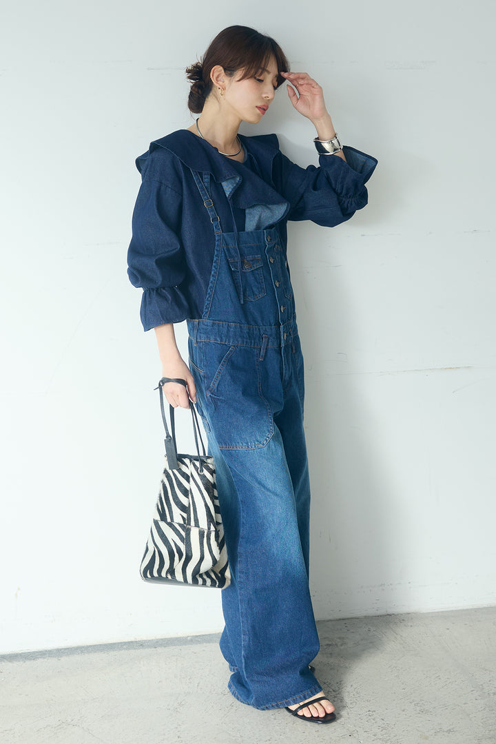 [SET]デニムフリルブラウス+デニムサロペットワイドパンツ(2set)