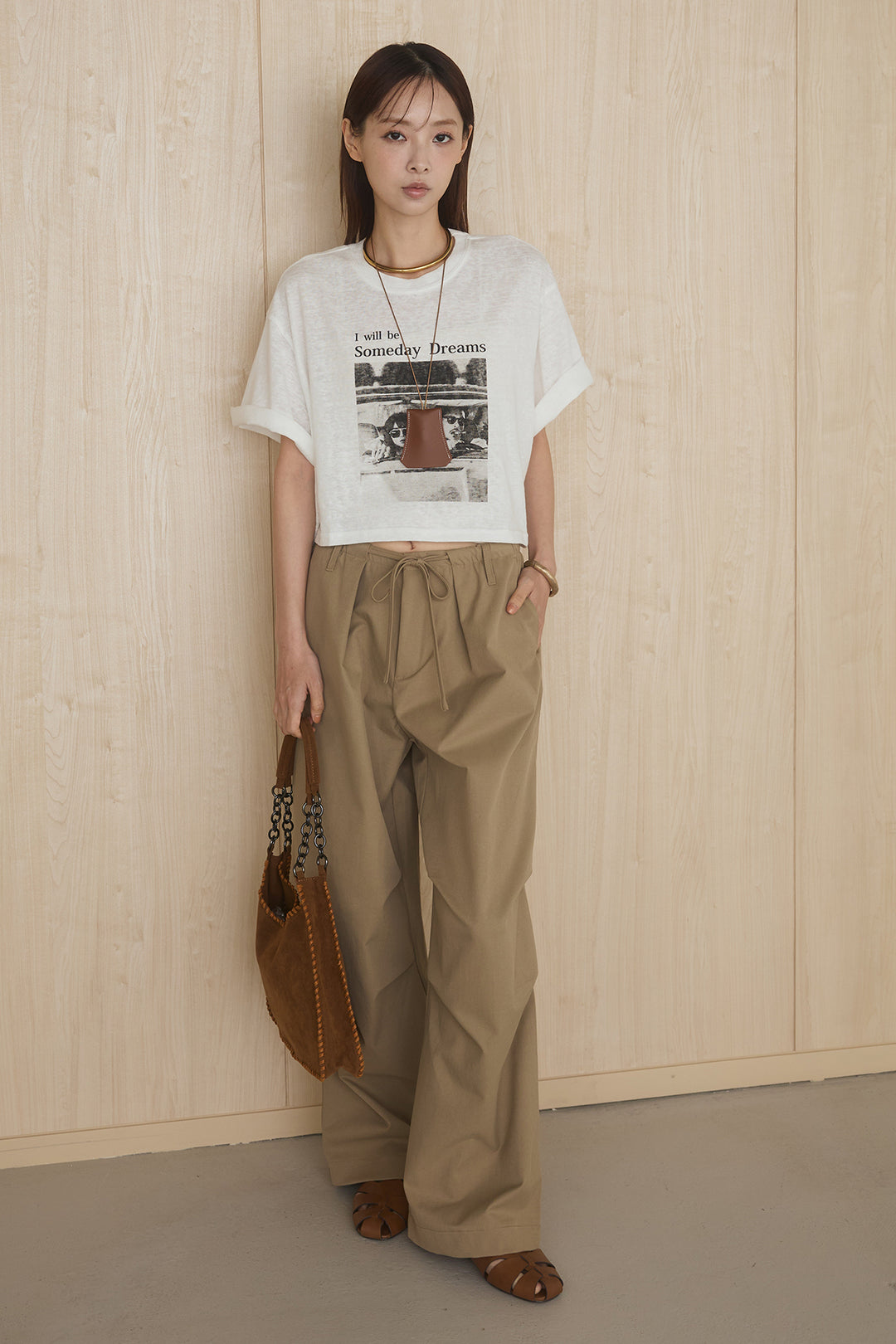 [SET]グラフィックサムデイワイドクロップドT+ニーサイドタックウエストドロストパンツ(2set)