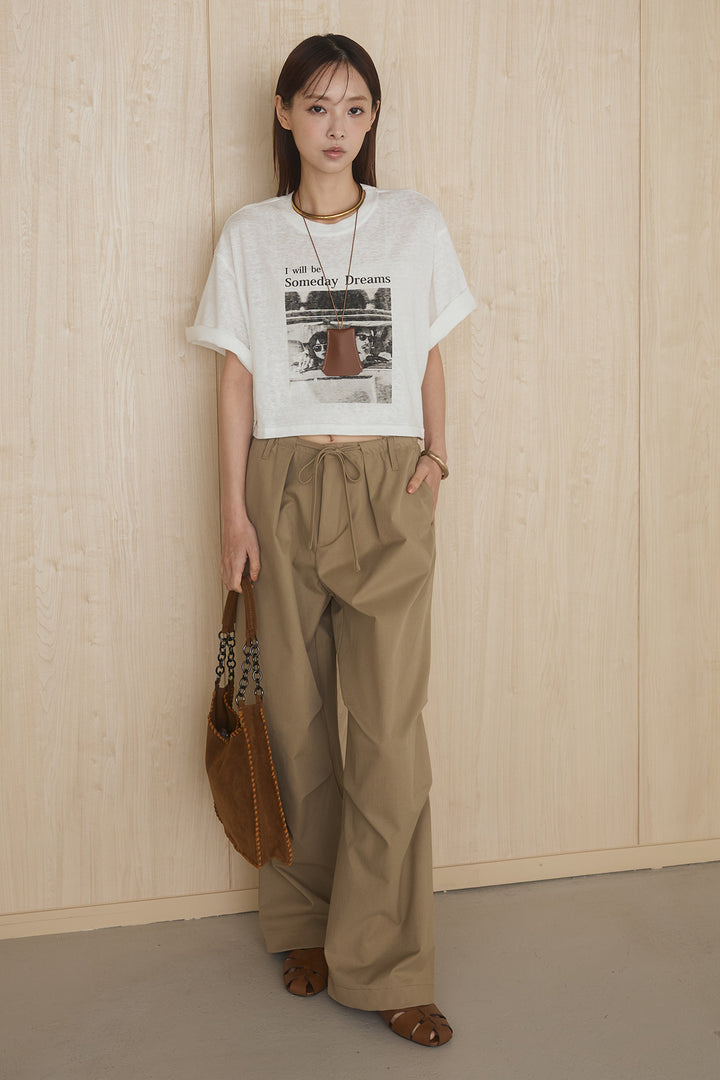 [SET]グラフィックサムデイワイドクロップドT+ニーサイドタックウエストドロストパンツ(2set)