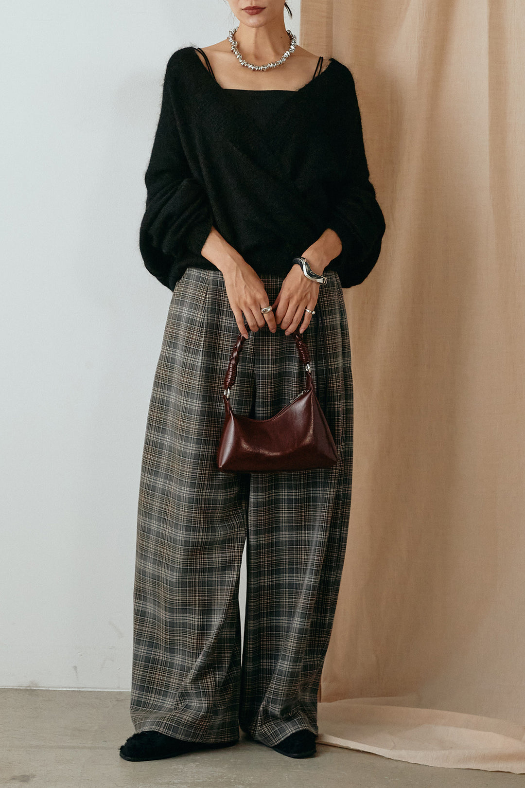 [SET]カシュクールデザインニット+編みベルト付きタータンチェックワイドパンツ(2set)