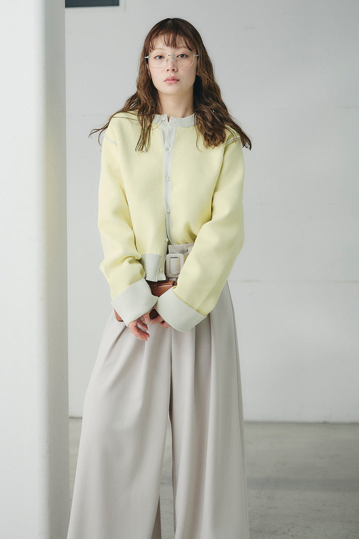 [SET]リバーシブル配色ニットカーディガン+ベルト付きツータックワイドパンツ(2set)