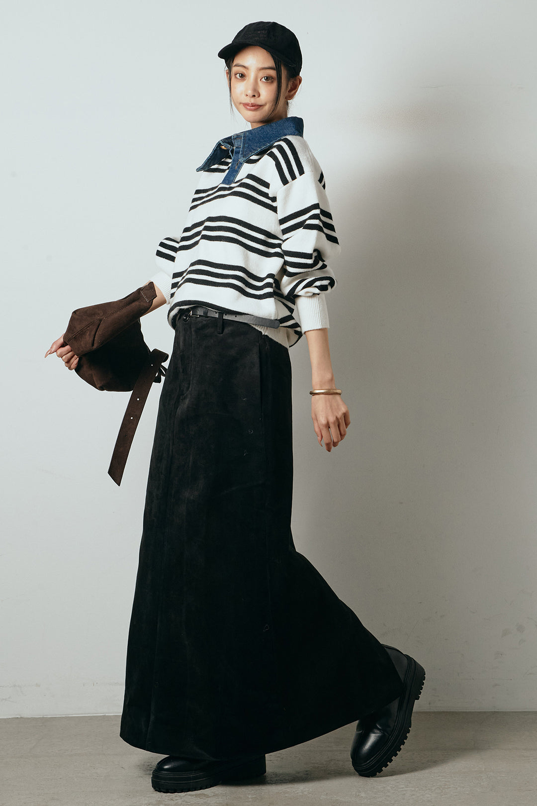 [SET]デニムレイヤード風ランダムボーダーニットプルオーバー+エコスウェードワイドスカート(2set)