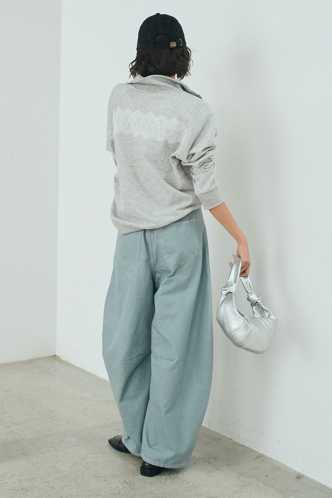 [SET]リバーレースハーフジップ裏毛スウェット+ツイル配色ステッチバレルパンツ(2set)