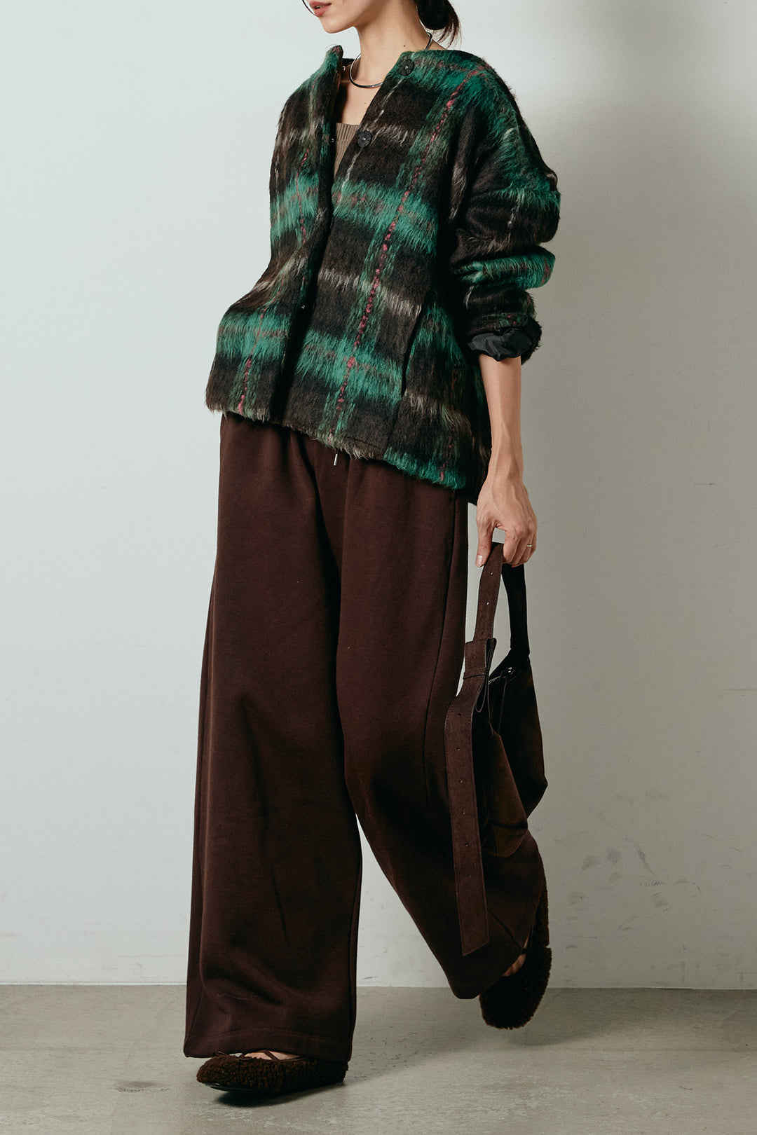 [SET]ノーカラーシャギーチェックアウター+裏起毛スウェットワイドパンツ(2set)