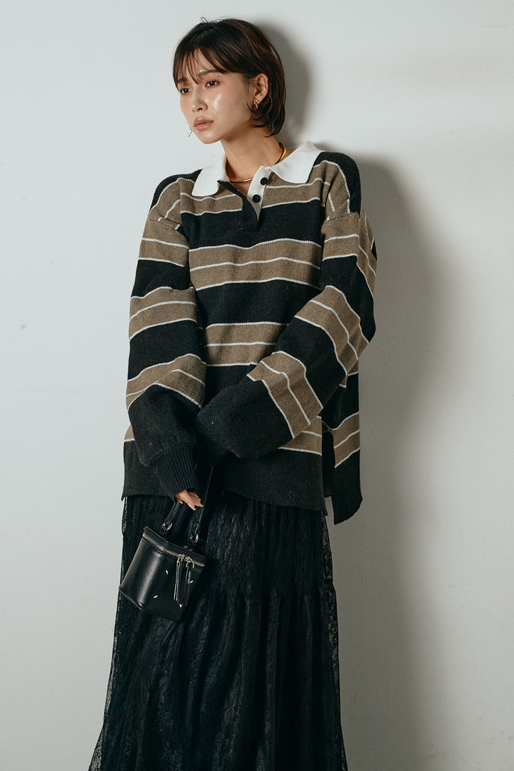[SET]ラガーニットボーダーポロプルオーバー+ひげレース切替ロング丈スカート(2set)