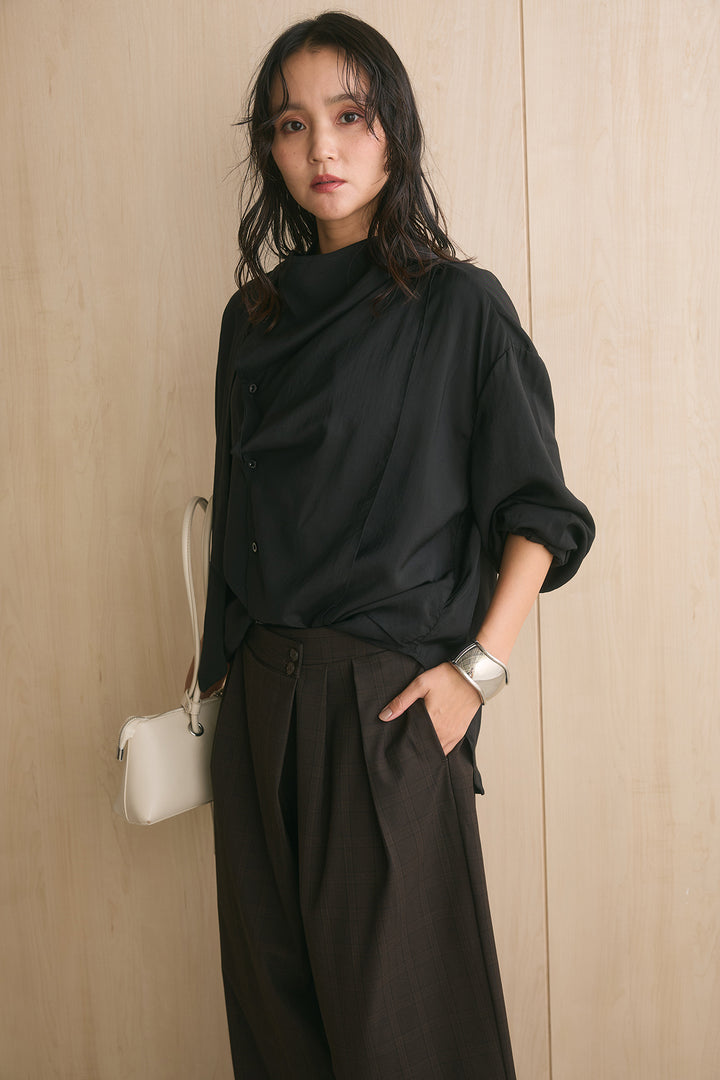 [SET]アシンメトリーネックデザインシャツ+ウエストアシメタータンチェックパンツ(2set)