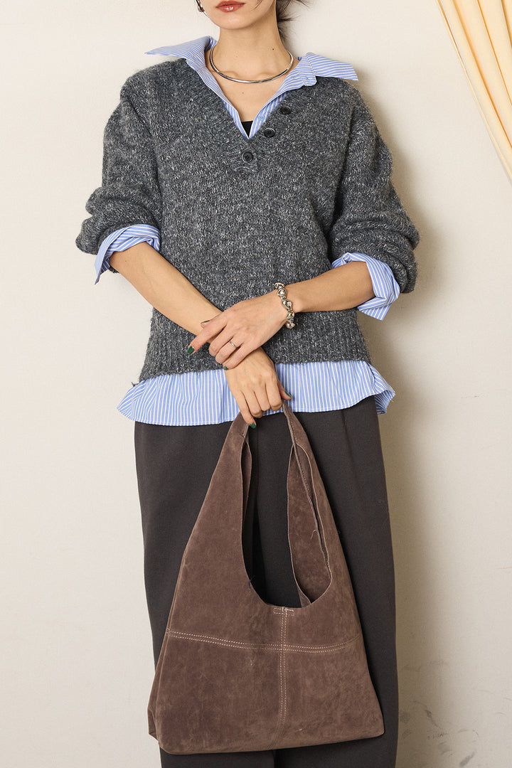 [SET]ストライプシャツドッキングニットポロトップス+裏起毛スウェットワイドパンツ(2set)