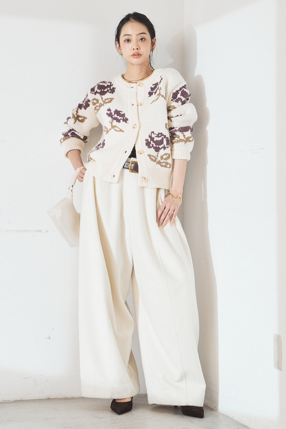[SET]花柄ジャガードニットカーディガン+ウールタッチカーブワイドパンツ(2set)