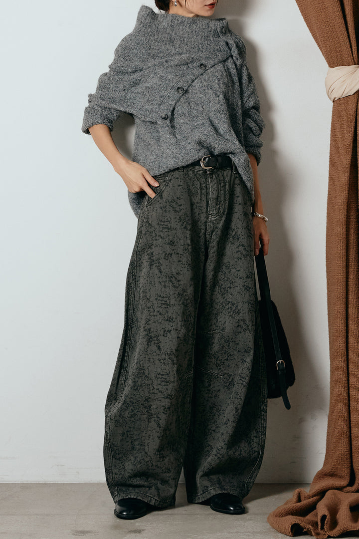 [SET]ケープデザインケーブルニットトップス+ベルト付きニュアンス柄カーブワイドパンツ(2set)