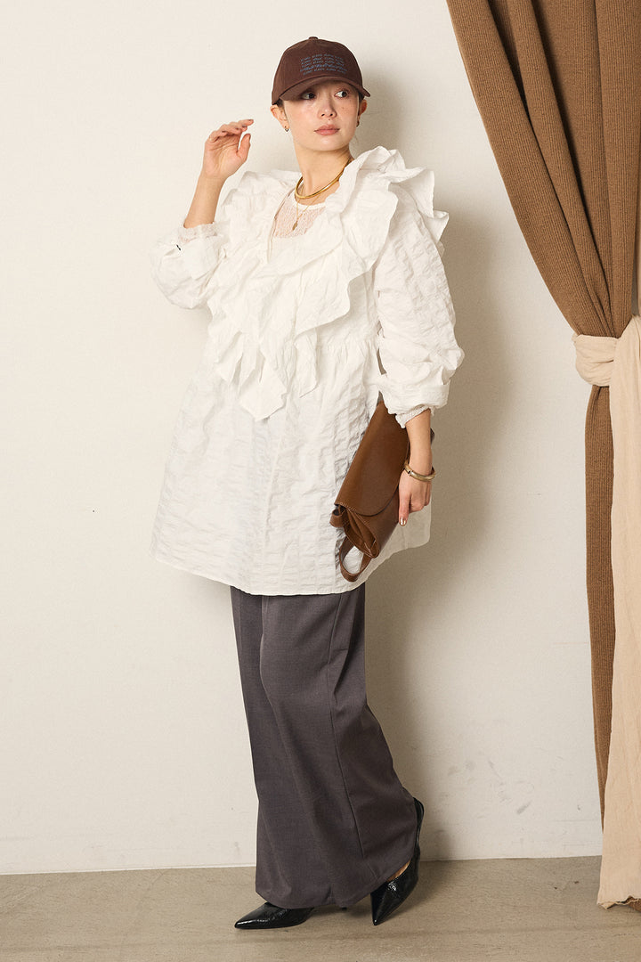 [SET]Vネックフリルカラーブラウス+ツイルスプリングカラータックパンツ(2set)