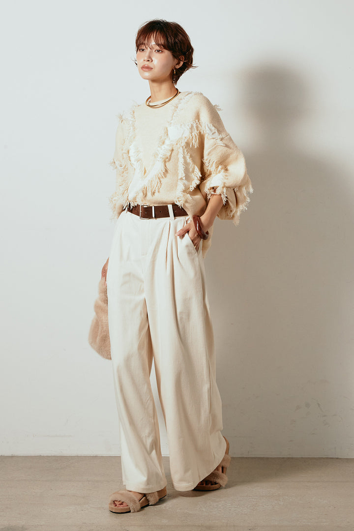 [SET]シャギージャガードニットトップス+太ベルト付きコーデュロイタックパンツ(2set)