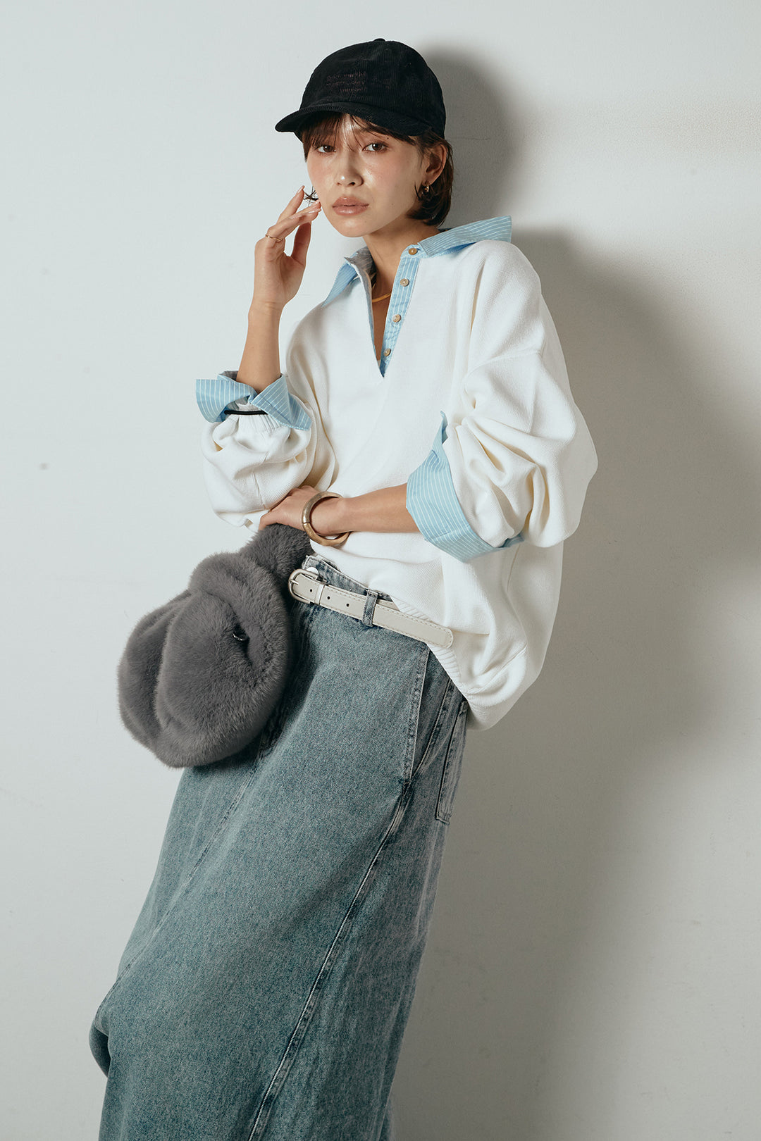 [SET]ストライプシャツドッキングポロトップス+デニムロングフレアスカート(2set)