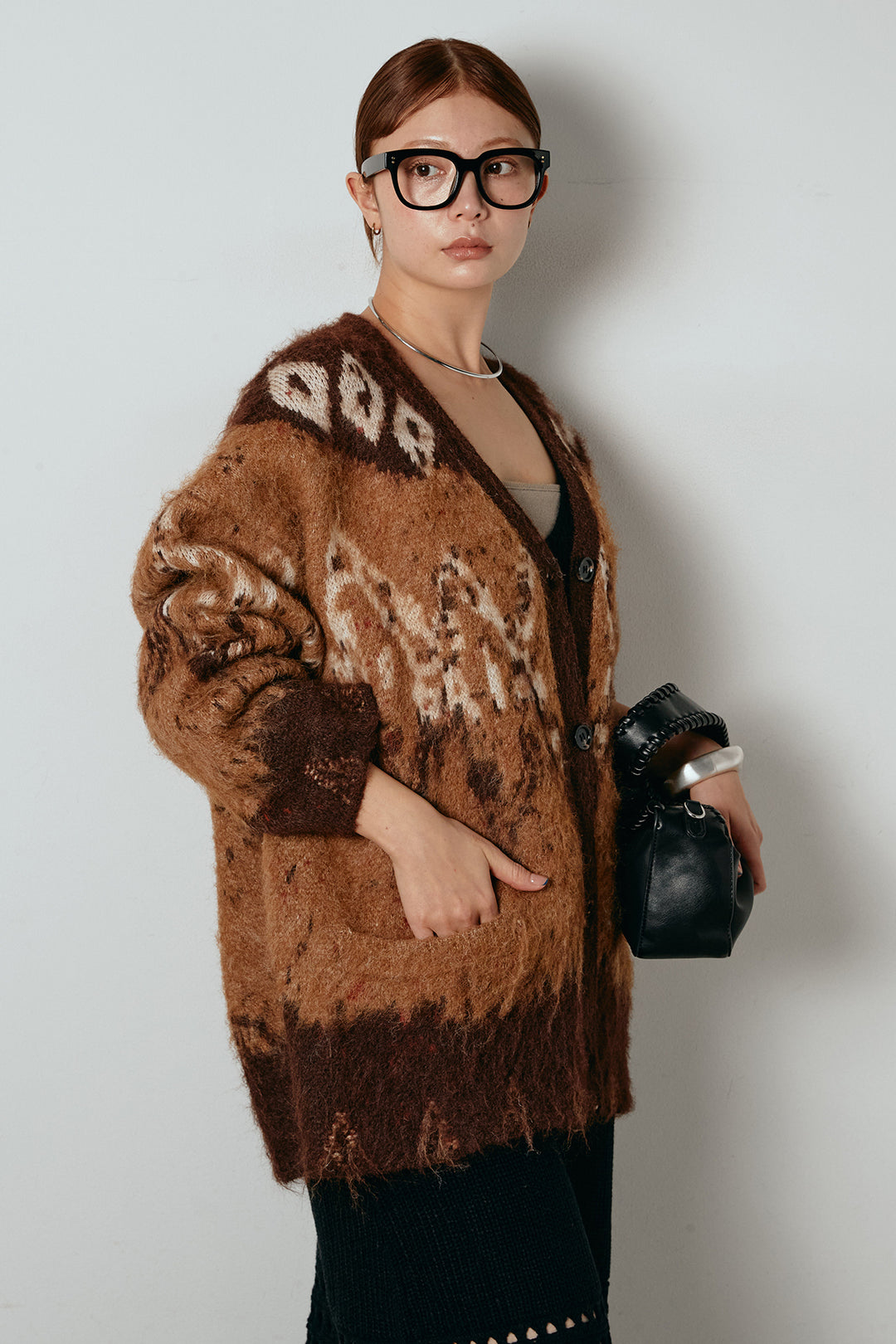 [SET]シャギーニュアンス柄ニットカーディガン+裾透かし編みキャミソールニットワンピース(2set)