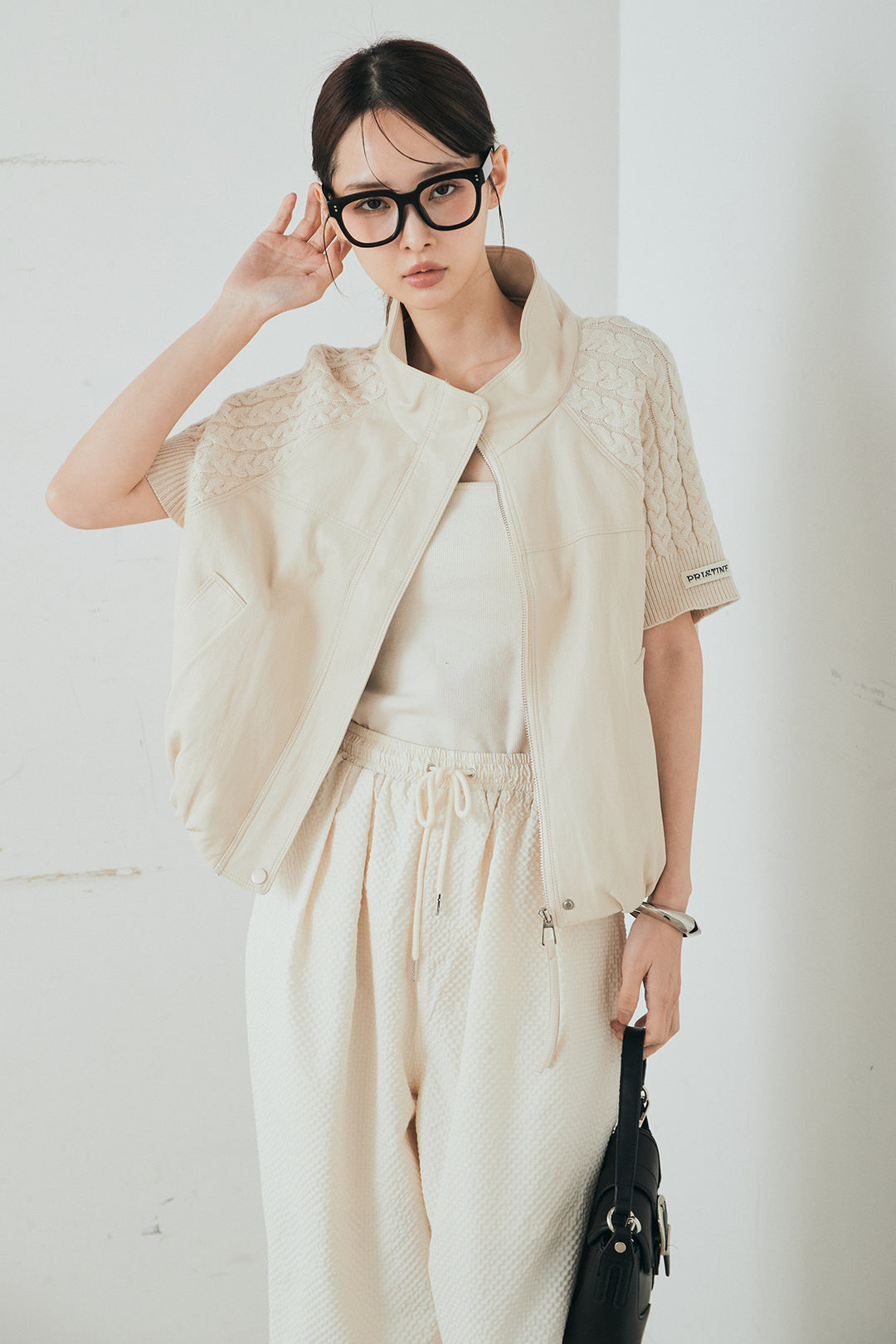 [SET]ニット切替レザーライクベスト+シアサッカーイージーパンツ(2set)