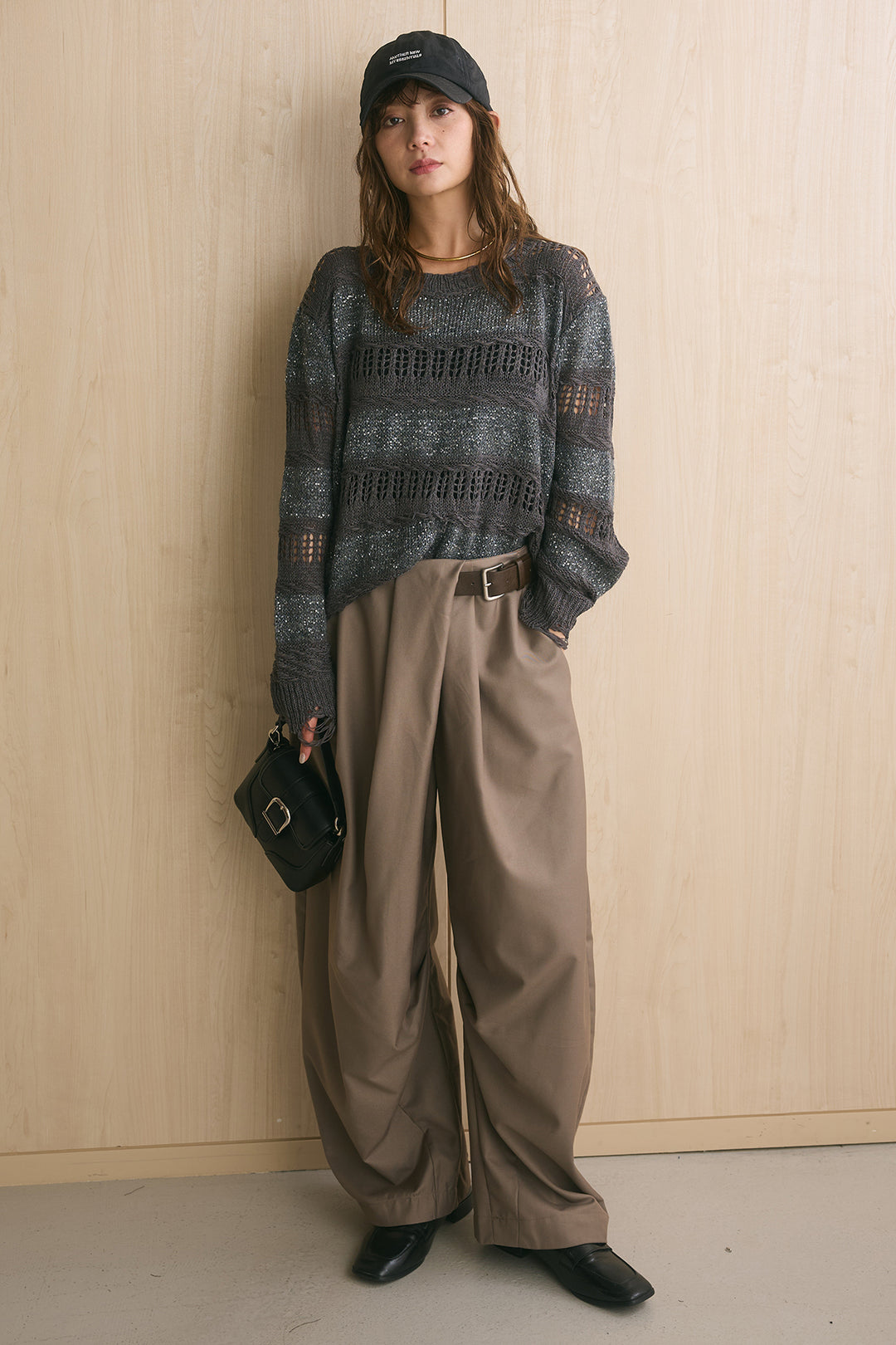 [SET]透かし編みスパンコールボーダーニット+サイドベルトデザインタックワイドパンツ(2set)