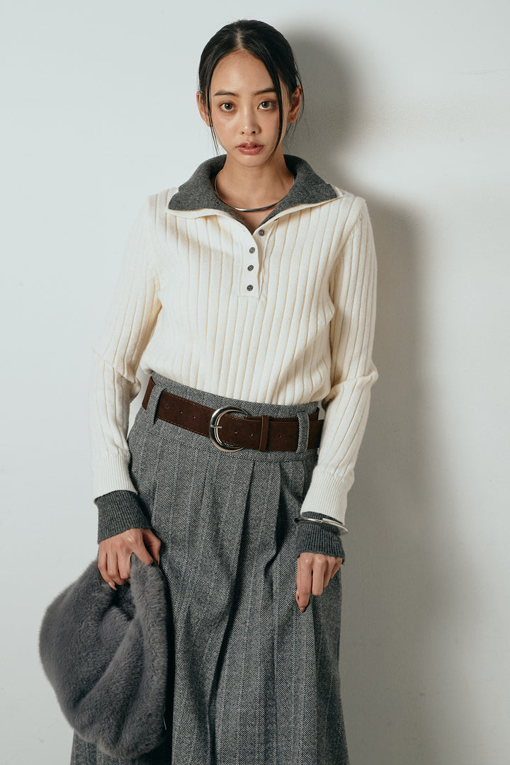 [SET]レイヤード風リブニットトップス+太ベルト付きヘリンボーンプリーツスカート(2set)