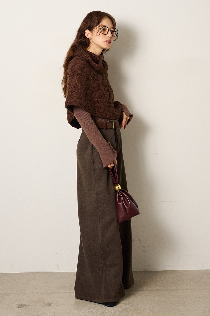 [SET]ケーブル編みケープレイヤードニット+サイドベルトパンツ(2set)