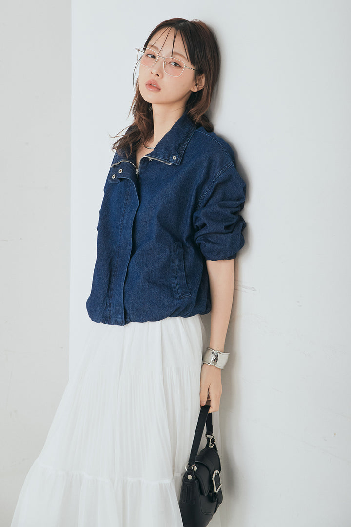 [SET]スタンドカラーデニムブルゾンジャケット+ボリュームシルエットチュールスカート(2set)