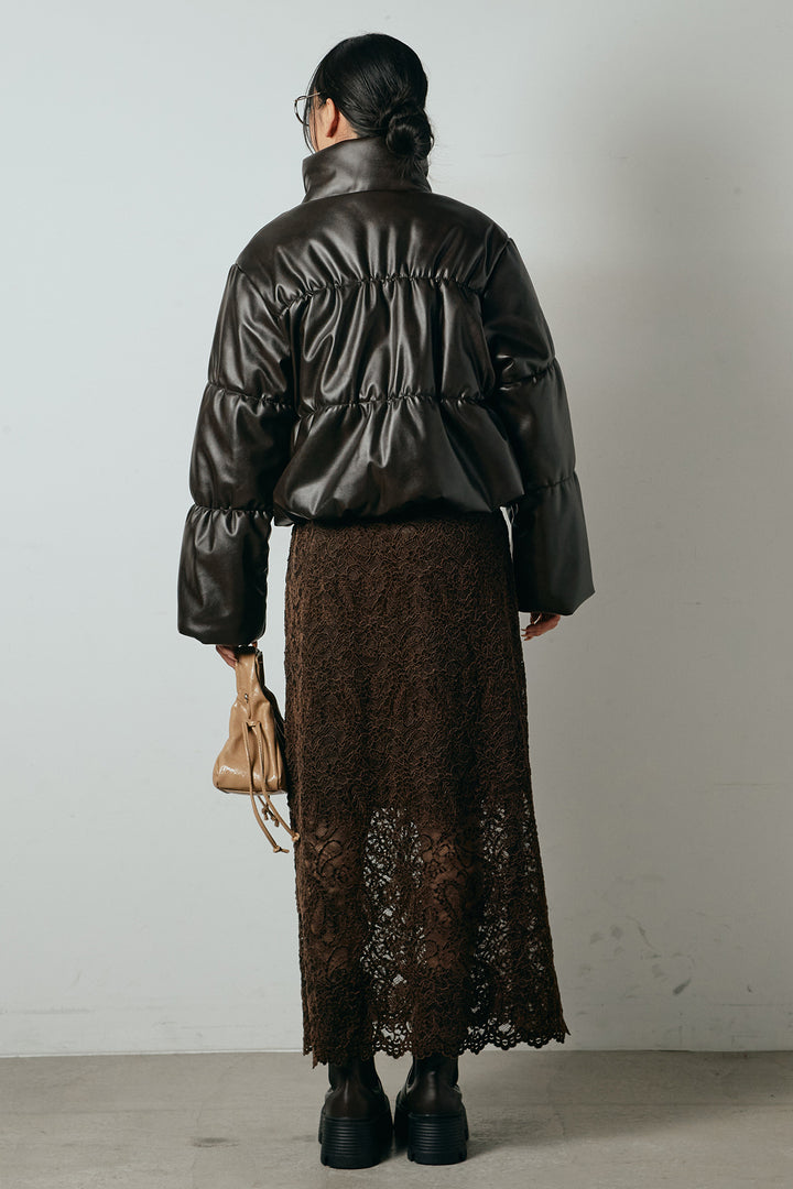 [SET]レザーライクWジップスタンドカラー中綿ブルゾン+総レース刺繍スカート(2set)