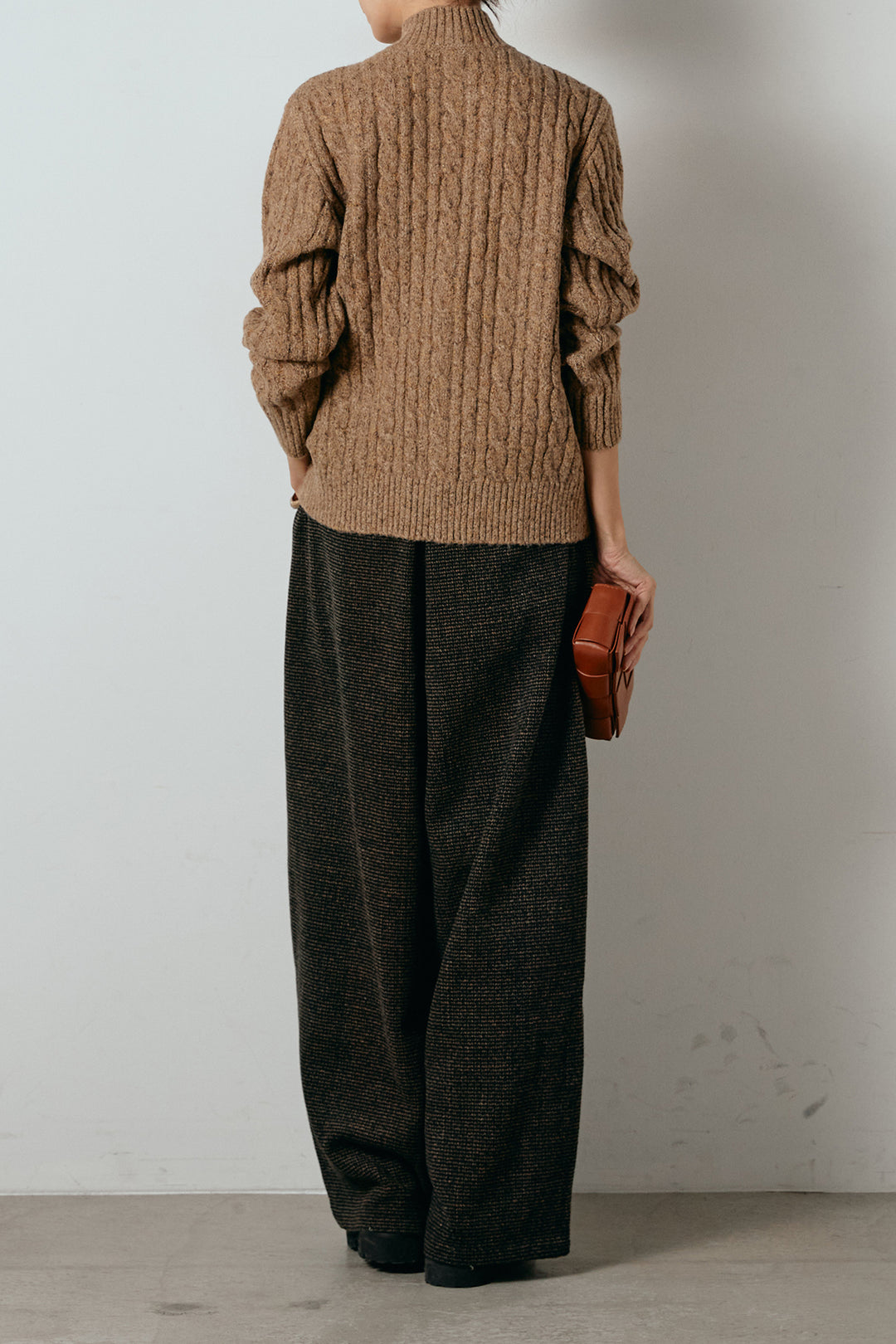 [SET]ボトルネックケーブルニットカーディガン+起毛タック入りツイードワイドパンツ(2set)