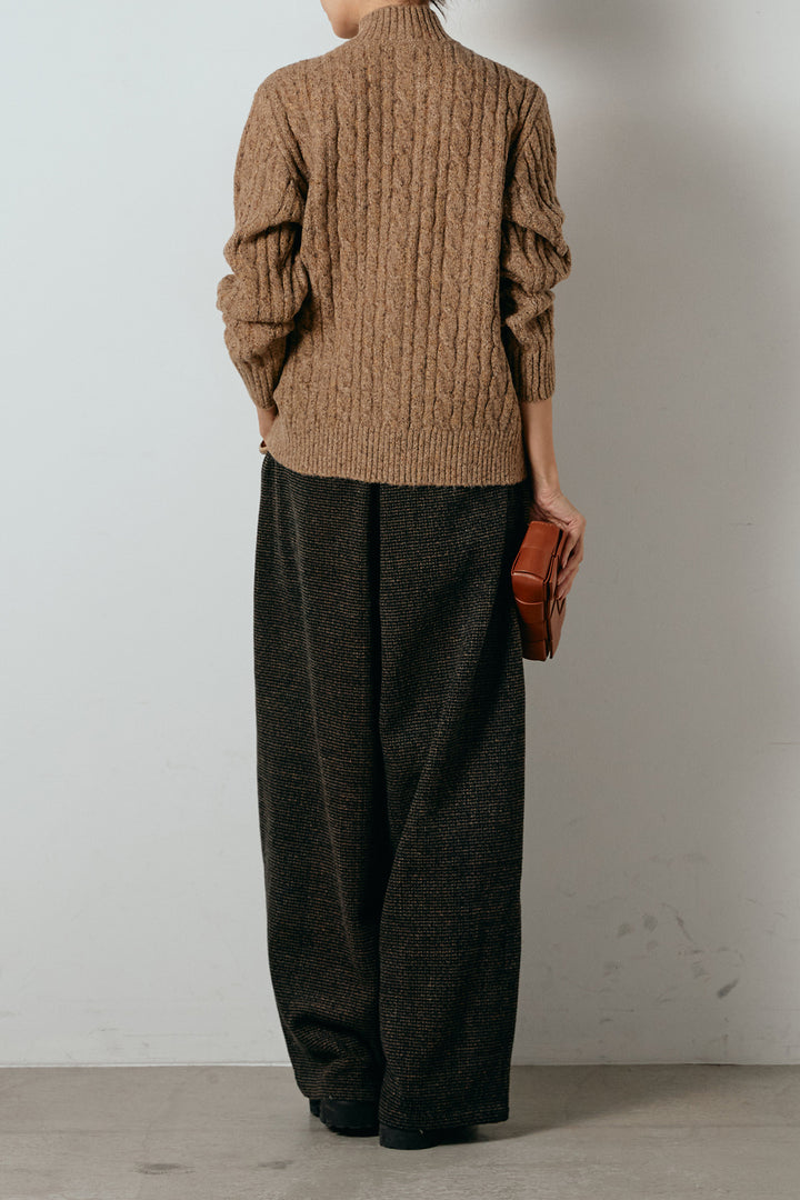 [SET]ボトルネックケーブルニットカーディガン+起毛タック入りツイードワイドパンツ(2set)
