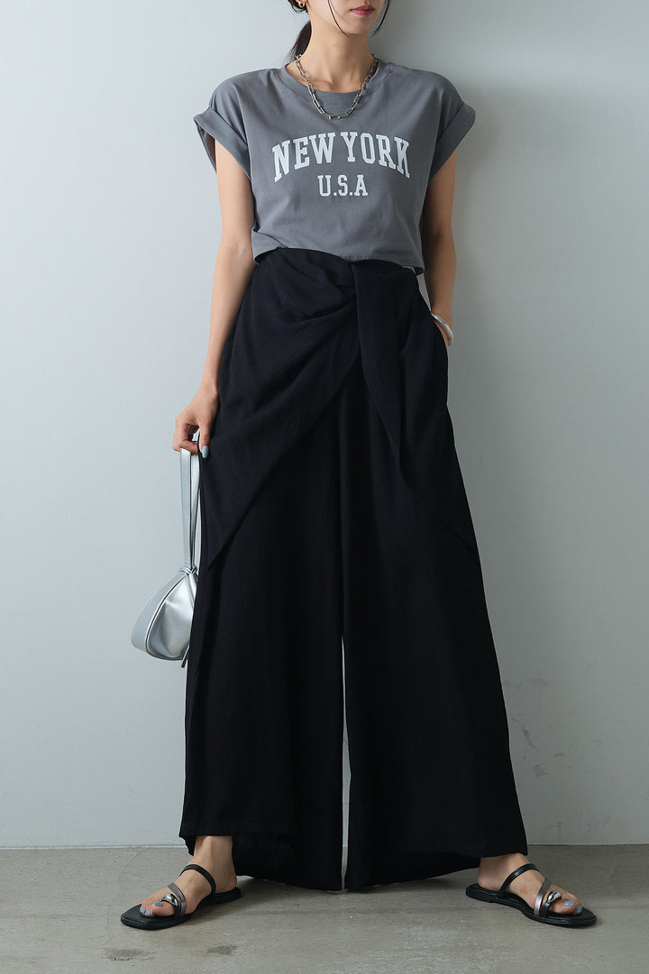 [SET]ショート丈NEWYORKロゴTシャツ+ねじりデザインワイドパンツ(2set)