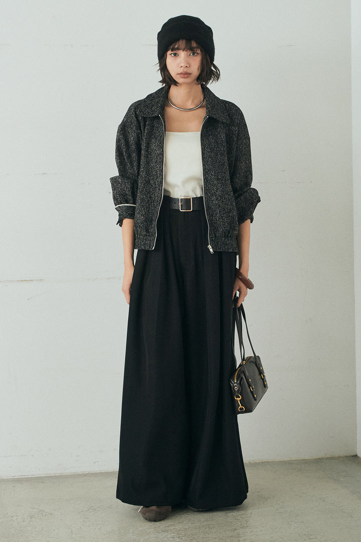 [SET]ツイード配色パイピングブルゾン+ベルト付きタックデザインハイウエストロングパンツ(2set)