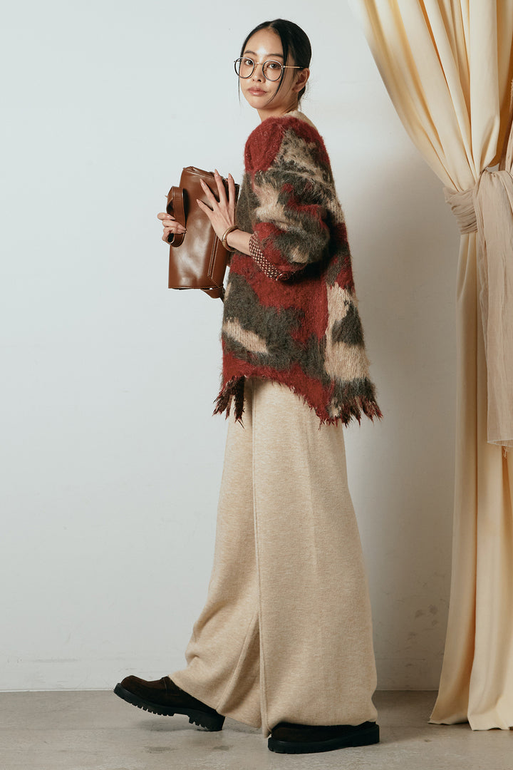 [SET]起毛裾デザインニュアンス柄ニットトップス+センターラインニットパンツ(2set)