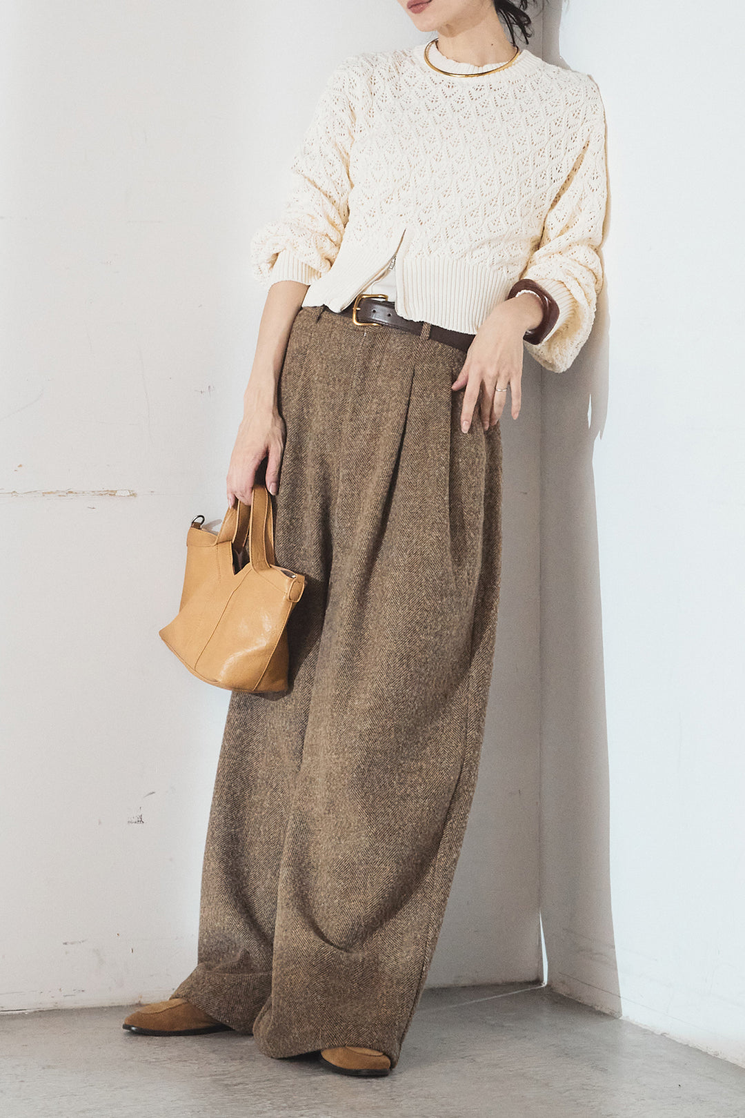 [SET]透かし編みニットジップスリットプルオーバー+タックツイードワイドパンツ(2set)