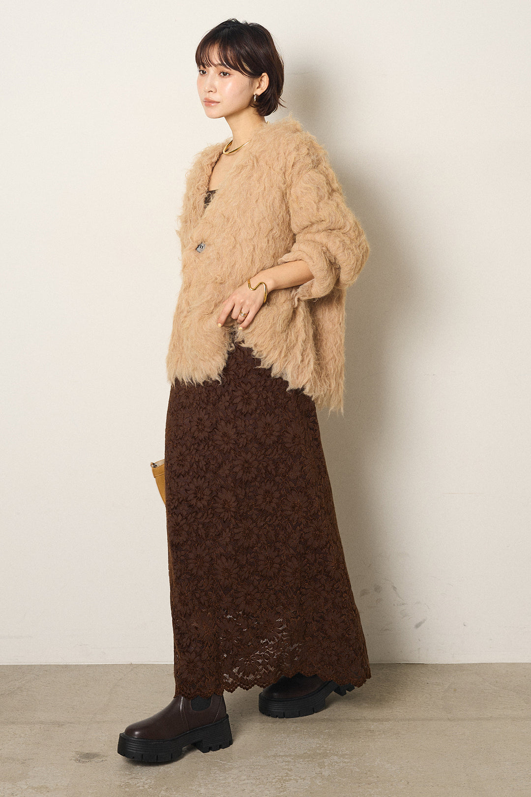 [SET]起毛シャギーニットカーディガン+花柄刺繍ベロアフレアスカート(2set)