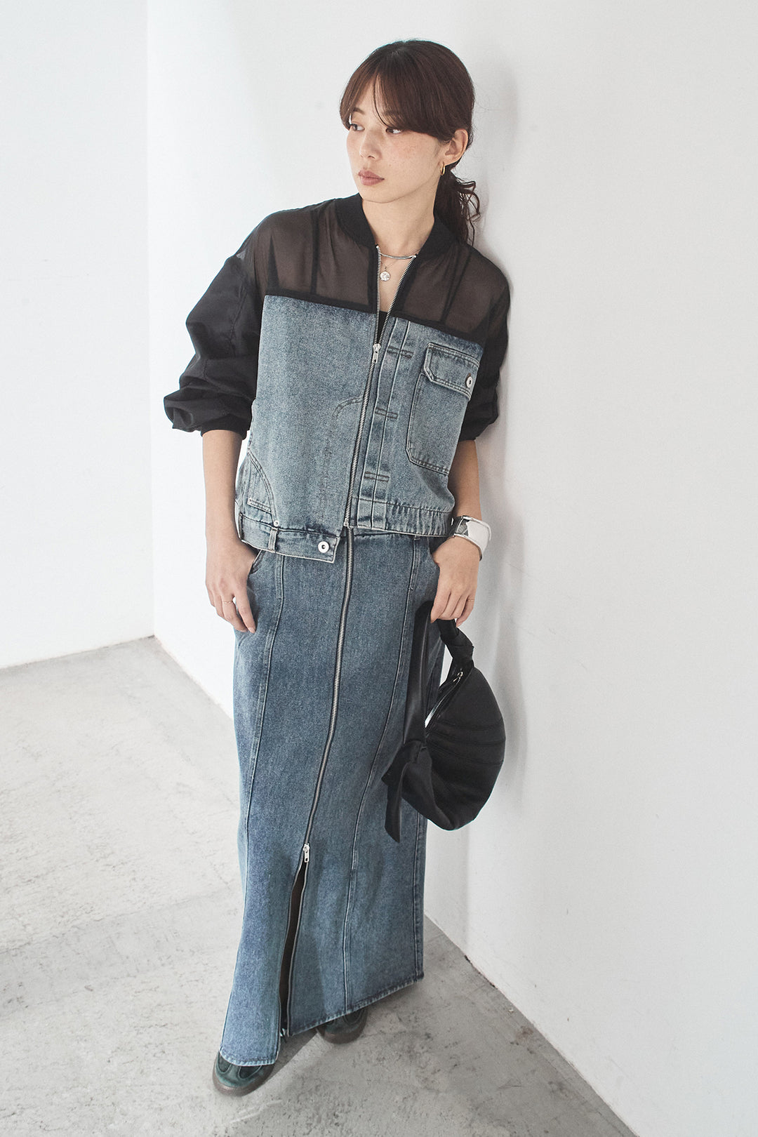 [SET]デニムコンビネーションブルゾン+フロントジップデニムスカート(2set)