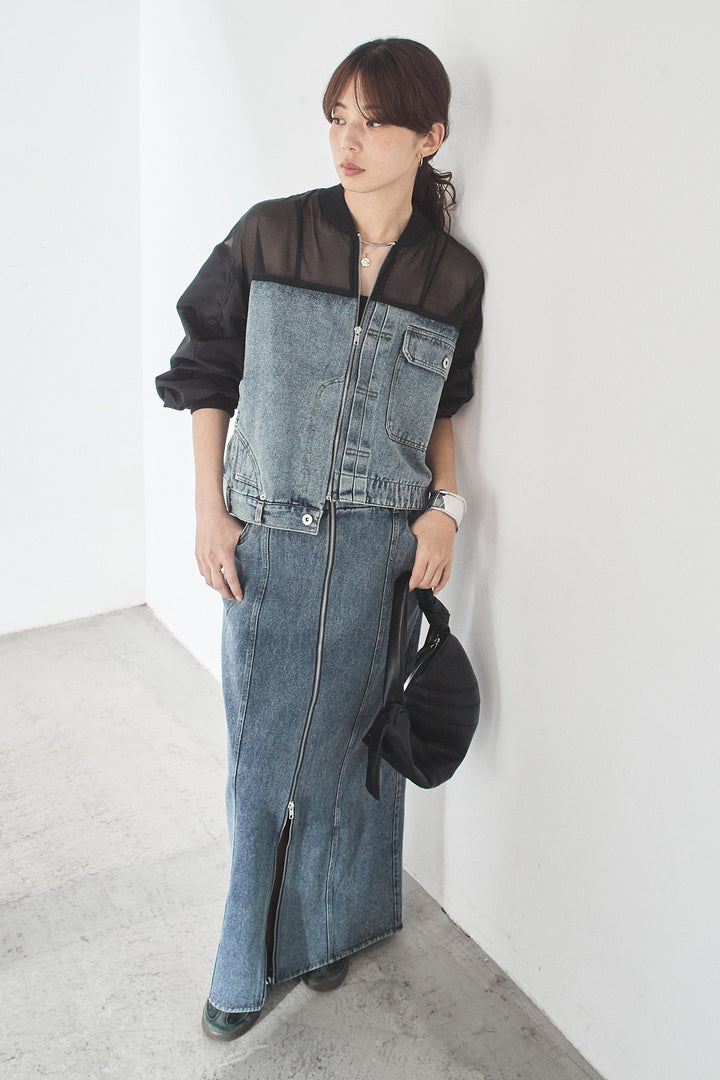 [SET]デニムコンビネーションブルゾン+フロントジップデニムスカート(2set)