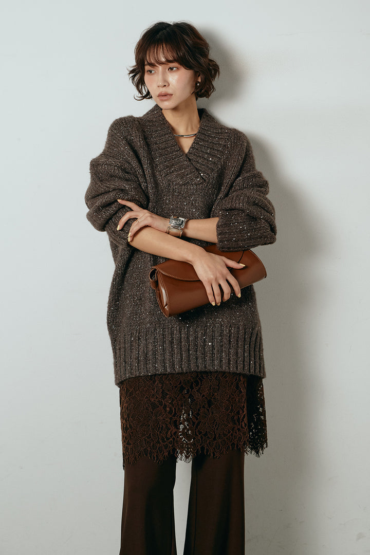 [SET]Vネックラメニットトップス+レース刺繍レイヤードフレアパンツ(2set)