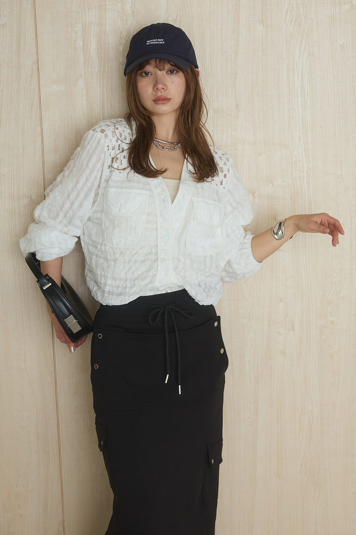 [SET]異素材切替シアーメッシュカーディガン+ドットボタン付きカットタイトスカート(2set)