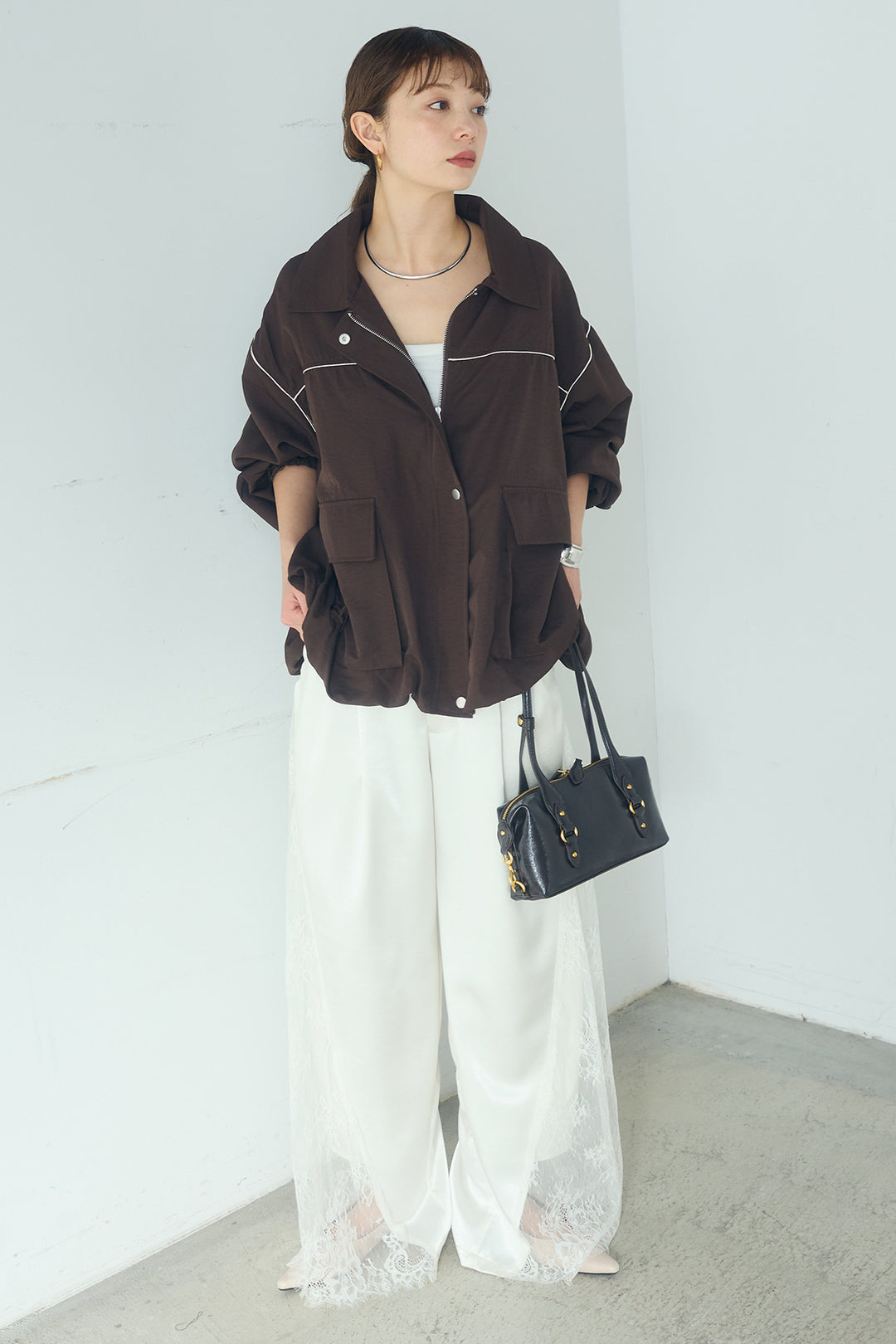 [SET]合繊ツイルバルーンジャケット+サテンレース切り替えタックパンツ(2set)