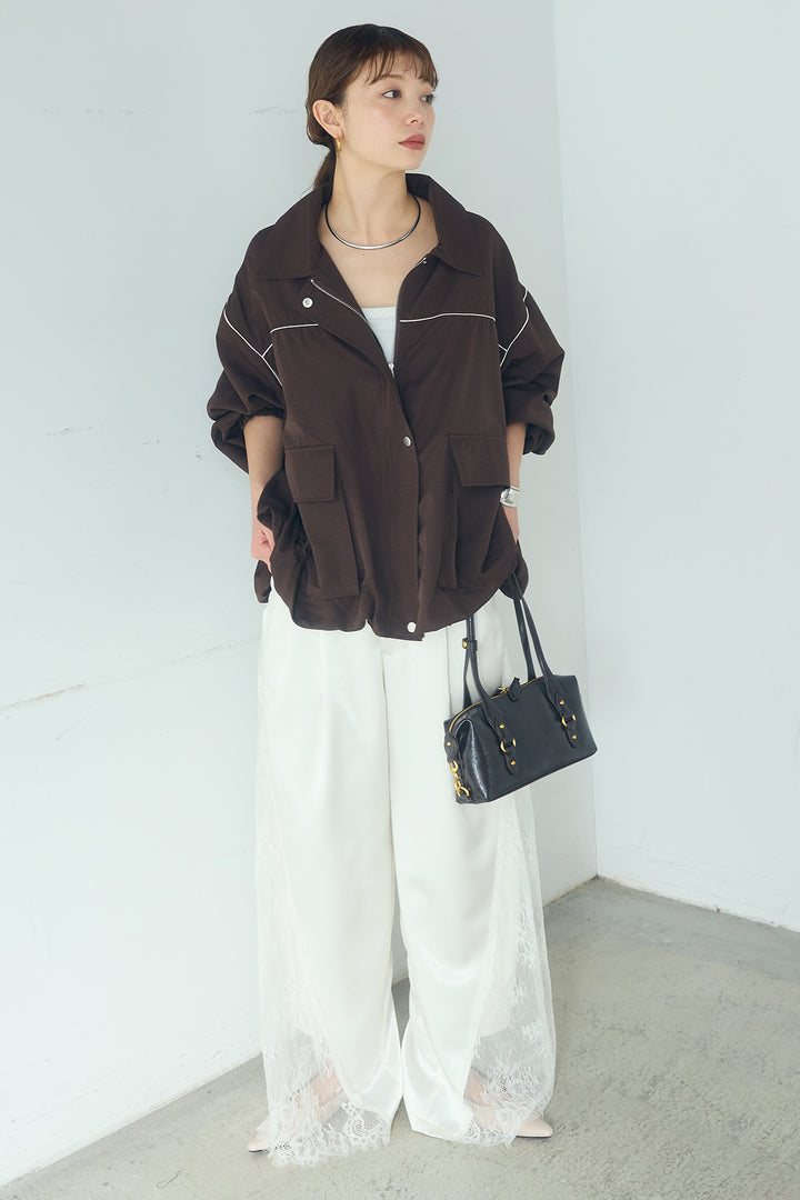 [SET]合繊ツイルバルーンジャケット+サテンレース切り替えタックパンツ(2set)